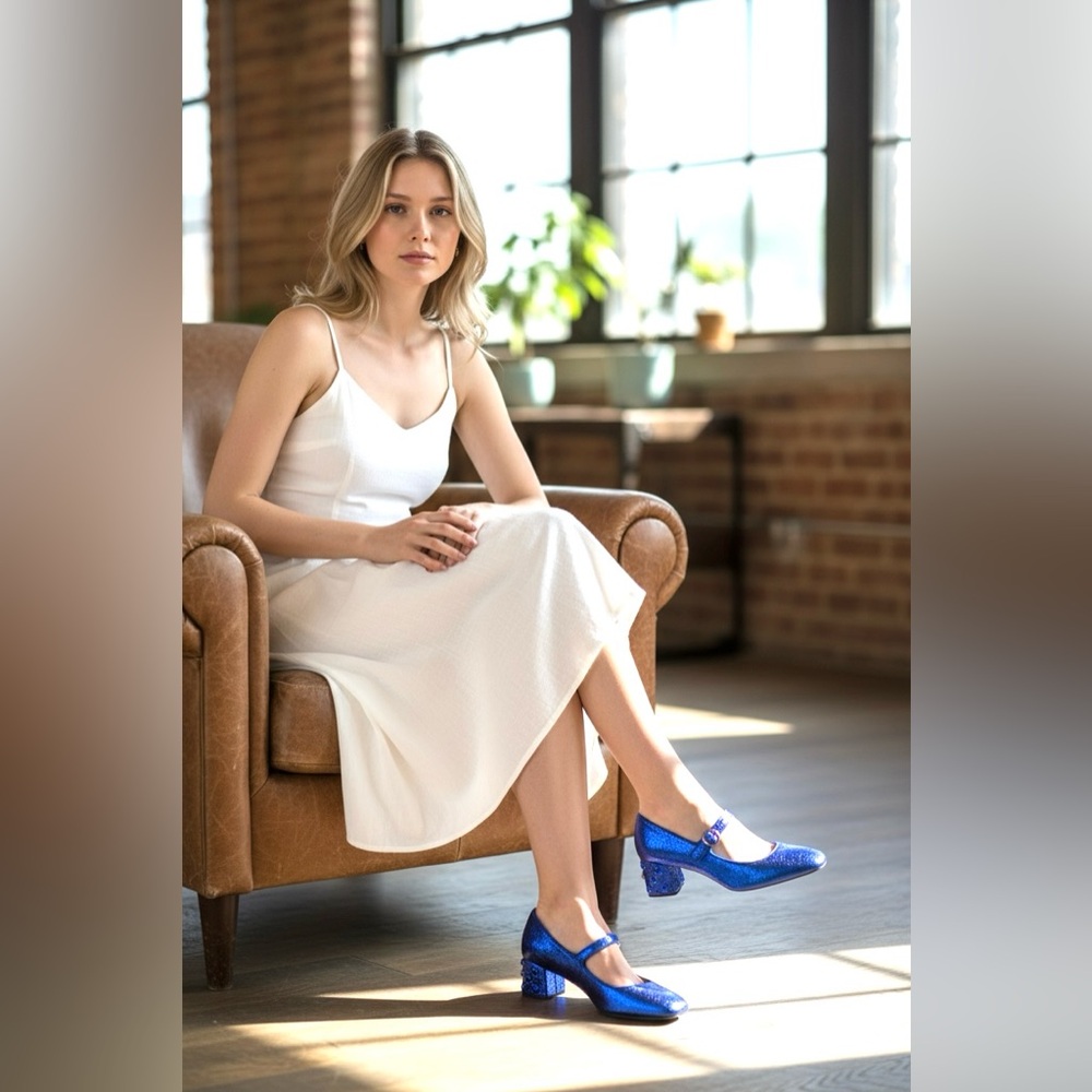 {Geox} Seyla Metallic Blue Jewelled Heel Mary Jane